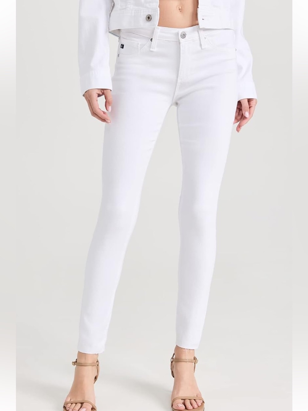AG Adriano Goldschmied White Stretch Denim, Mid-Rise, Ankle Skinny Jeans, Sz 29R